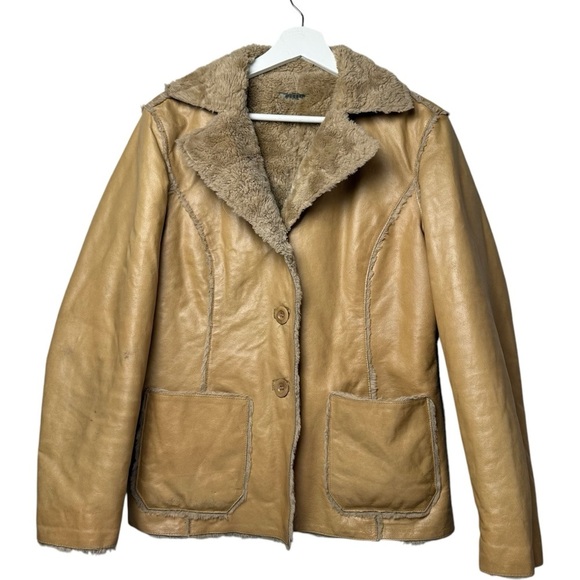 Vtg Guess Leather Coat Women M Camel/Tan Jacket Faux Fur Fully Lined Retro Notch - Picture 1 of 9
